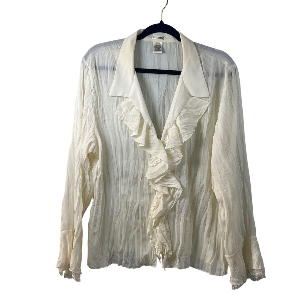 Graffwear Vintage Whimsigoth Ruffle Cream Sheer Button Up Blouse XL Boho Cottage